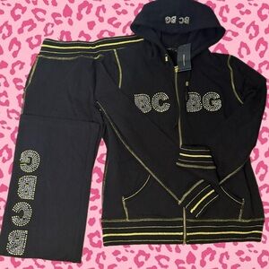 BCBG Black & Gold Rhinestone Logo Track Hoodie Set